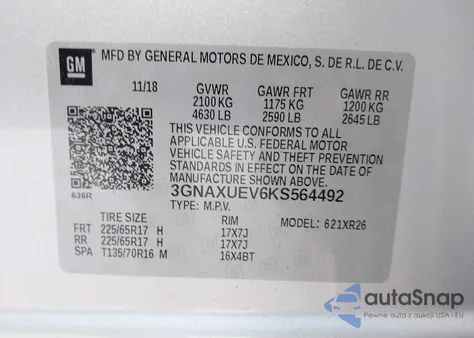 2019 Chevrolet Equinox Lt из США, поврежденный, VIN 3GNAXUEV6KS564492